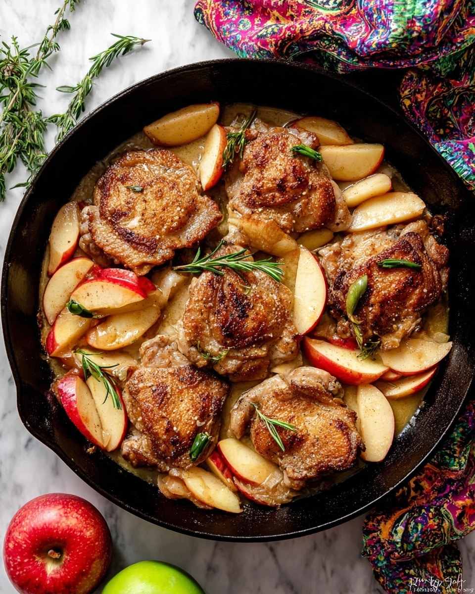 A black cast iron skillet filled with six browned chicken thighs arranged in a loose circle. Layered on and around the chicken are golden to light brown apple slices with some areas of red skin showing. Small green rosemary sprigs add a touch of color near the center. The dish sits on a white marbled surface, with a colorful patterned fabric in the upper right corner and two apples—one red and one green—visible near the bottom. The texture of the chicken is slightly crispy, and the apples look tender, all resting in a light sauce. photo taken with an iphone --ar 4:5 --v 7