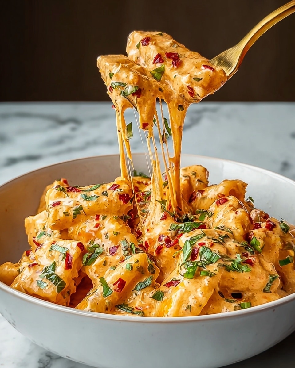 A white bowl filled with soft, thick pasta pieces covered in a creamy, orange cheese sauce with visible red chili bits and green herbs sprinkled all over. The sauce looks rich and smooth, clinging to each pasta piece. A golden fork lifts a portion of the pasta, stretching gooey melted cheese strings upwards. The background is a white marbled texture, enhancing the warm colors of the dish. photo taken with an iphone --ar 4:5 --v 7