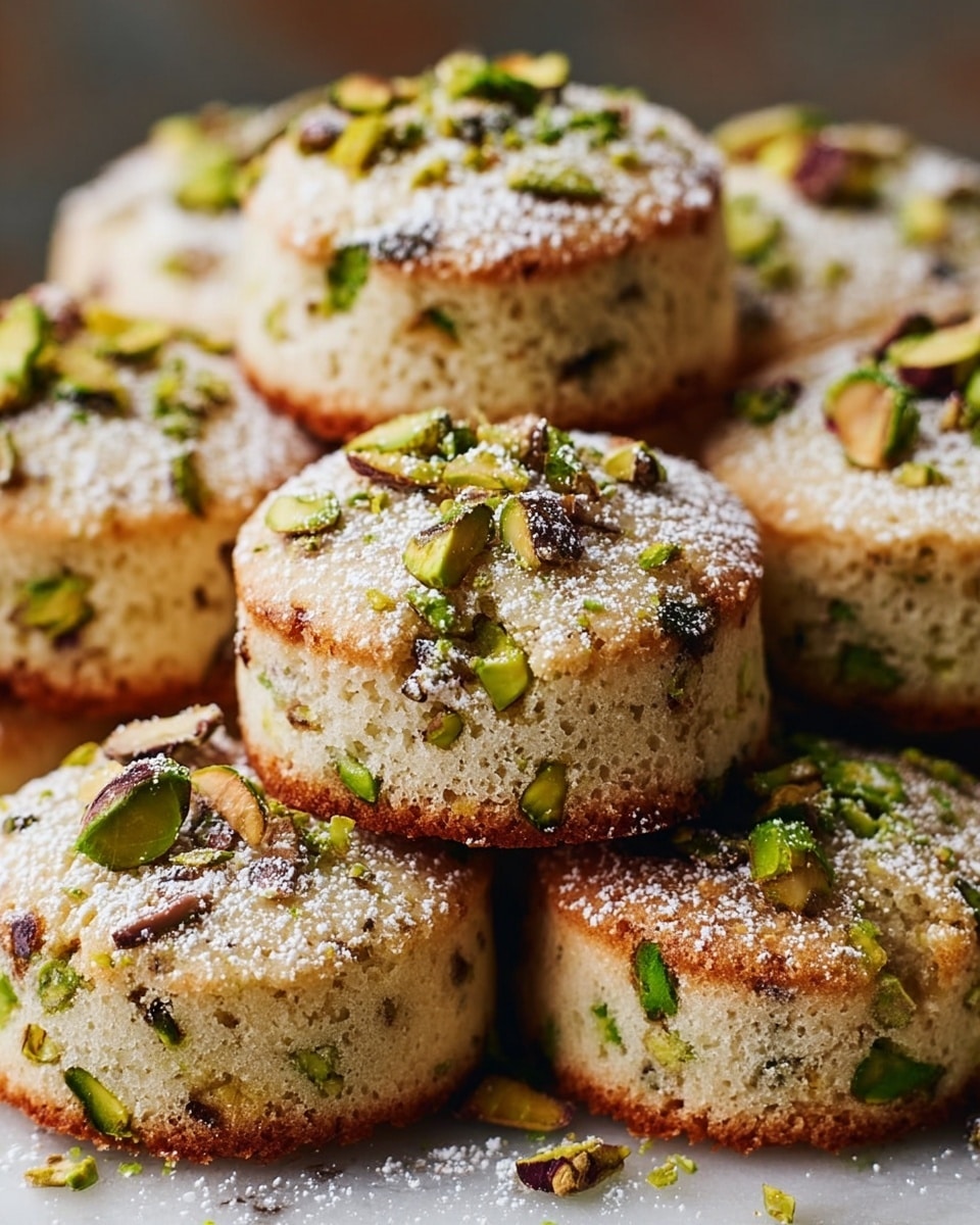 The image shows a close-up of small round cakes with a soft, light beige texture. Each cake has a slightly browned bottom edge and is dotted with green pistachio nut pieces inside. On top, there are chopped pistachio halves, giving a mix of green and brown shades, sprinkled lightly with white powdered sugar. The cakes are stacked closely together on a white marbled surface, highlighting their crumbly and moist texture. Photo taken with an iphone --ar 4:5 --v 7