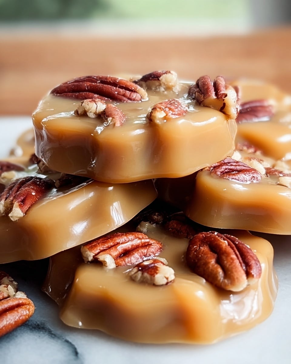 A close-up of a stack of round, light brown candies with a smooth, glossy caramel coating, each topped with several whole and chopped pecans scattered evenly across the surface. The candies have a slightly wavy edge and a firm but shiny texture that highlights the rich caramel color, with pecans adding a deep reddish-brown and textured contrast. The stack is arranged casually on a white marbled surface with soft natural light enhancing the creamy gloss of the caramel and the nuts’ detail. Photo taken with an iphone --ar 4:5 --v 7