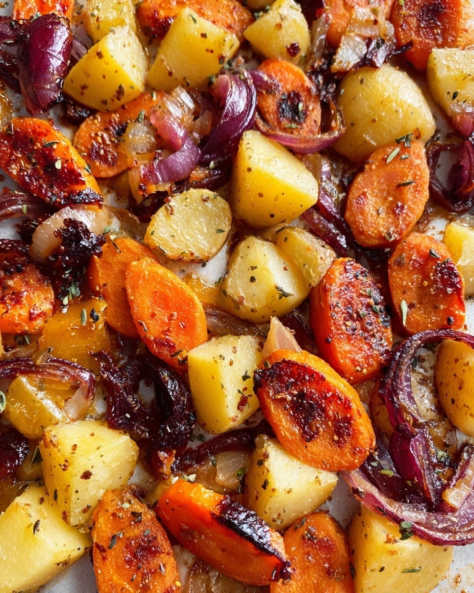 This image shows a close-up of roasted vegetables spread out on a white marbled surface. The dish includes thick slices of orange carrots, chopped yellow potatoes, and pieces of red onion. The carrots have a caramelized, slightly charred look with dark brown spots, while the potatoes are soft with a golden-yellow color. The red onions have softened and turned a deep purplish-red. All vegetables are coated with herbs and spices, giving a shiny texture with little bits of seasoning visible. The mix is unevenly spread, showing many layers overlapping each other. Photo taken with an iphone --ar 4:5 --v 7