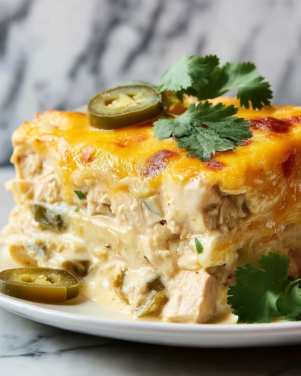 The image shows a close-up of a thick, creamy dish with three visible layers on a white plate. The bottom layer is light and creamy, mixed with small bits of green jalapeños. The middle layer is chunky with white chicken pieces and more jalapeños, covered in a smooth sauce. The top layer is melted golden-yellow cheese with bubbly texture and slightly browned edges. On top of the cheese, there are a few fresh, green cilantro leaves. The background has a blurred white marbled texture. photo taken with an iphone --ar 4:5 --v 7