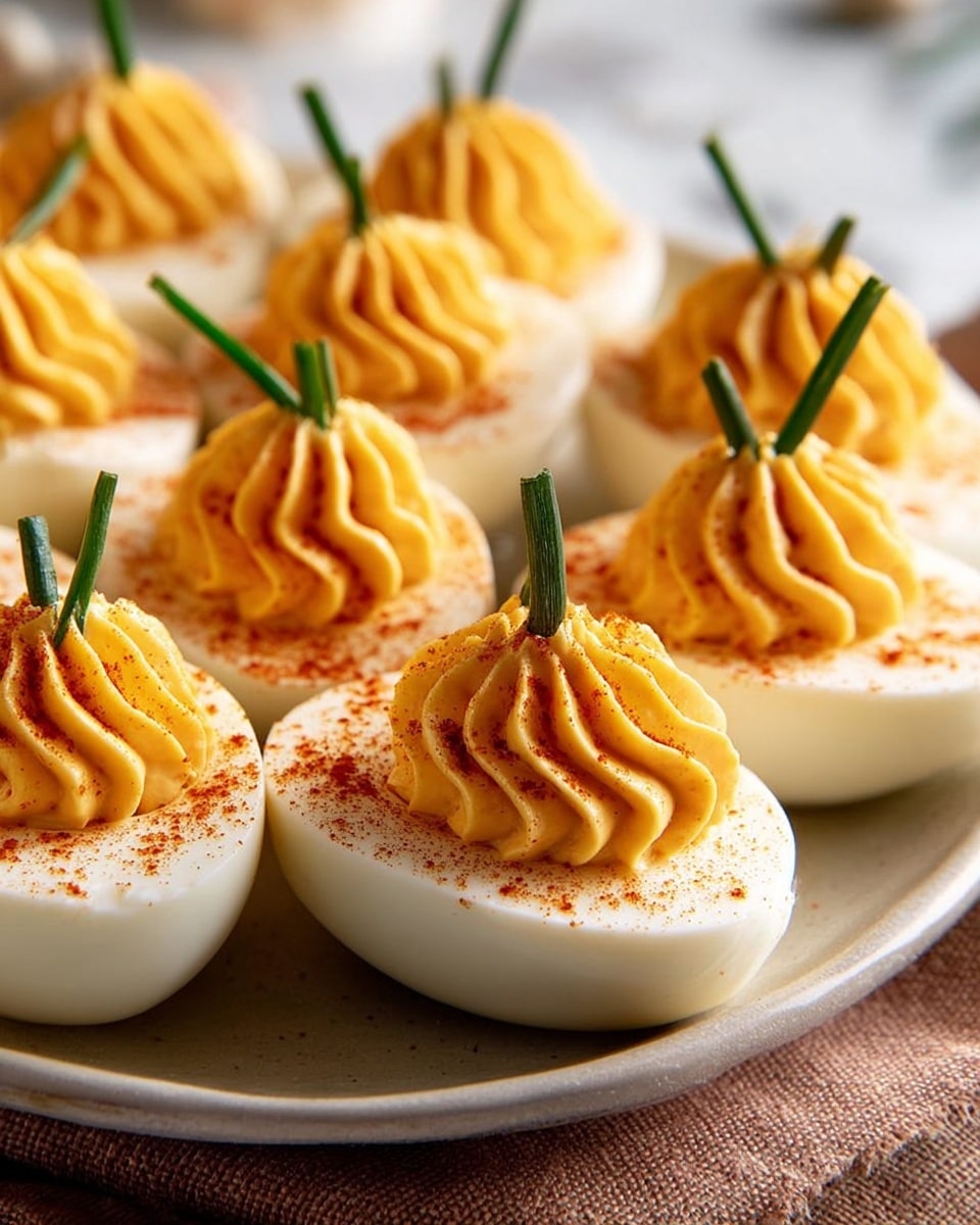 The image shows a close-up of a white plate filled with multiple deviled eggs. Each egg is halved with a smooth, white egg white base, topped with a piped mound of creamy, orange-yellow yolk filling shaped with ridges. The filling has a dusting of red paprika on top, and two small green chive stalks are inserted into each mound like pumpkin stems. The plate rests on a soft brown cloth, and the background has a white marbled texture. photo taken with an iphone --ar 4:5 --v 7
