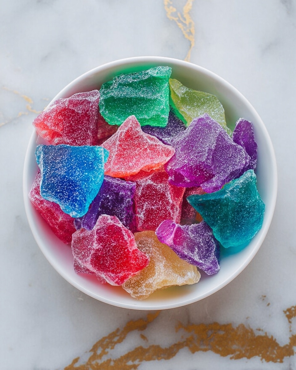 A white bowl filled with colorful, irregular-shaped candy pieces that look like broken glass. The candy has bright colors including red, purple, green, blue, and pink, each piece covered with a light layer of sugar crystals giving a frosty texture. Pieces overlap inside the bowl, creating a mix of sparkling, translucent colors. The bowl is set on a white marbled surface with subtle gray and gold veins. photo taken with an iphone --ar 4:5 --v 7