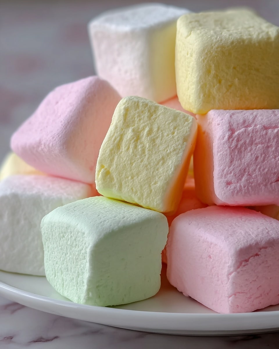 A close-up image showing several small, soft square marshmallows piled together on a white plate. The marshmallows have smooth textures and come in pastel colors including light pink, pale yellow, soft green, and white. They are stacked in a way that some are lying flat while others rest against each other at slight angles. The background is softly blurred with a white marbled surface barely visible under the plate. photo taken with an iphone --ar 4:5 --v 7