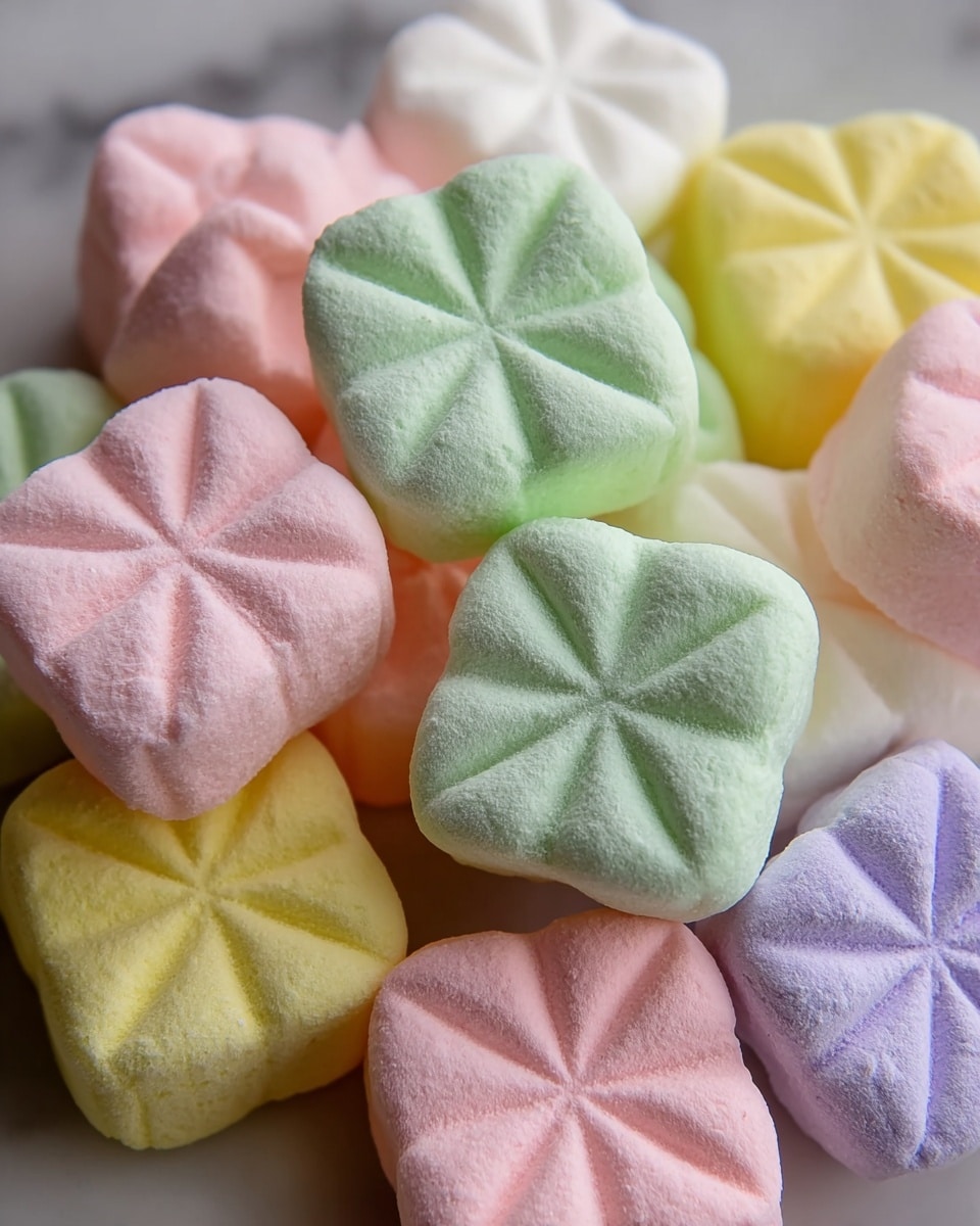 The image shows several small, square-shaped candies with soft, rounded edges and a textured pattern on top, resembling a flower or star with eight segments. The candies come in pastel colors including light pink, green, white, yellow, purple, and blue. They have a matte, slightly powdery surface and are closely packed together. The background is a white marbled texture. photo taken with an iphone --ar 4:5 --v 7