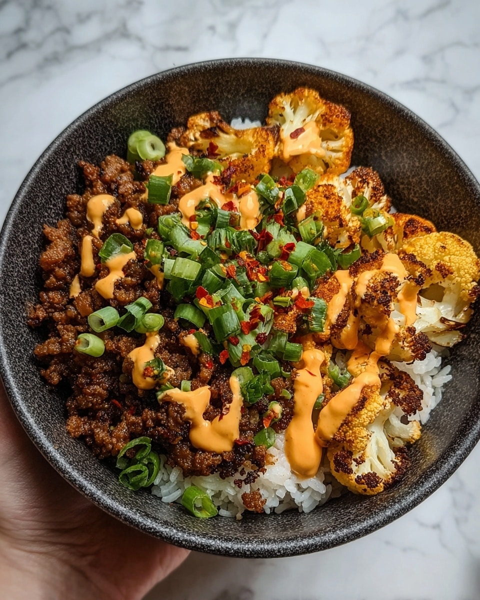 A bowl with three main layers: the bottom layer is white rice, half-covered by a dark brown crumbly ground meat on one side and golden-brown roasted cauliflower florets on the other. Both are topped with fresh chopped green onions scattered evenly across the bowl. An orange creamy sauce is drizzled in thin lines over the meat and cauliflower, adding a bright contrast. There are a few red chili flakes sprinkled over the sauce. The bowl is dark and textured, held by a woman's hand, with a white marbled surface in the background. photo taken with an iphone --ar 4:5 --v 7