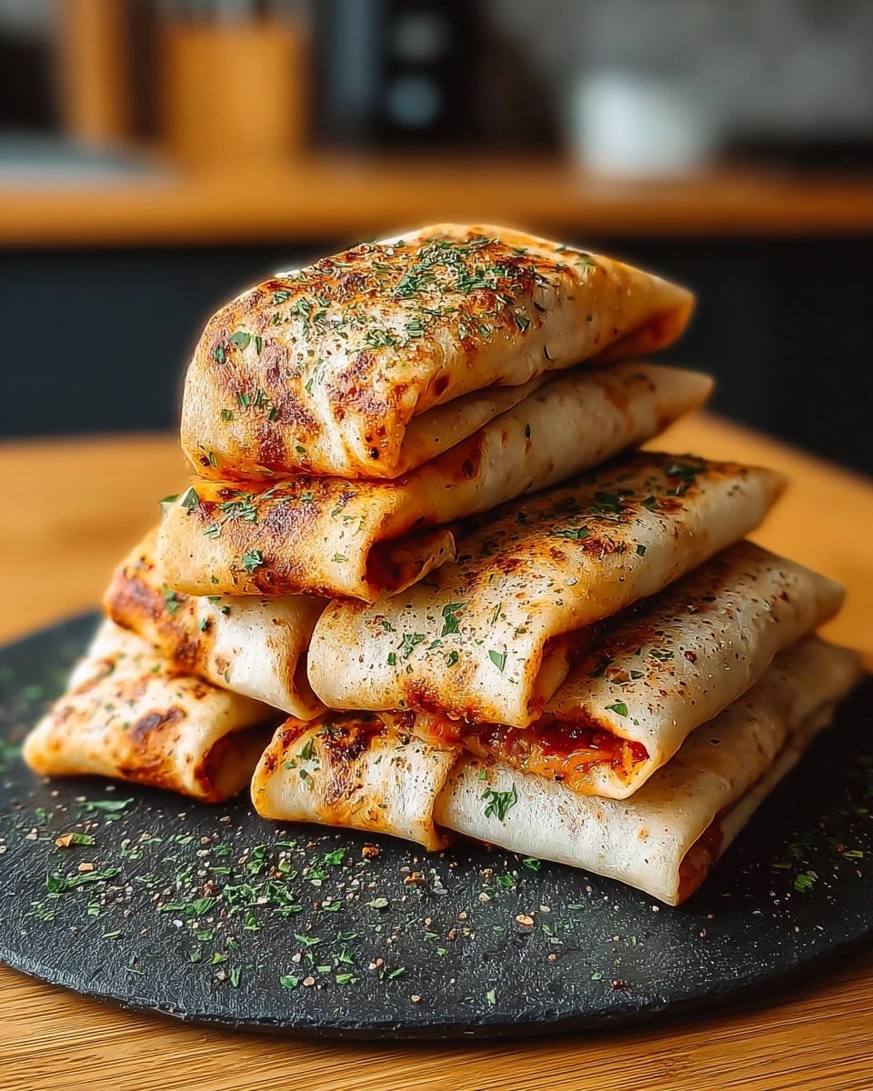 A stack of six golden-brown baked wraps arranged in a pyramid shape on a round black slate plate. Each wrap has a slightly crispy, toasted surface with visible herbs sprinkled generously on top and around the base. The wraps are folded neatly with some edges tucked under, showing hints of a reddish filling inside. The setup sits on a wooden table with a blurred kitchen background, and the whole scene is illuminated warmly, highlighting the texture of the wraps. photo taken with an iphone --ar 4:5 --v 7