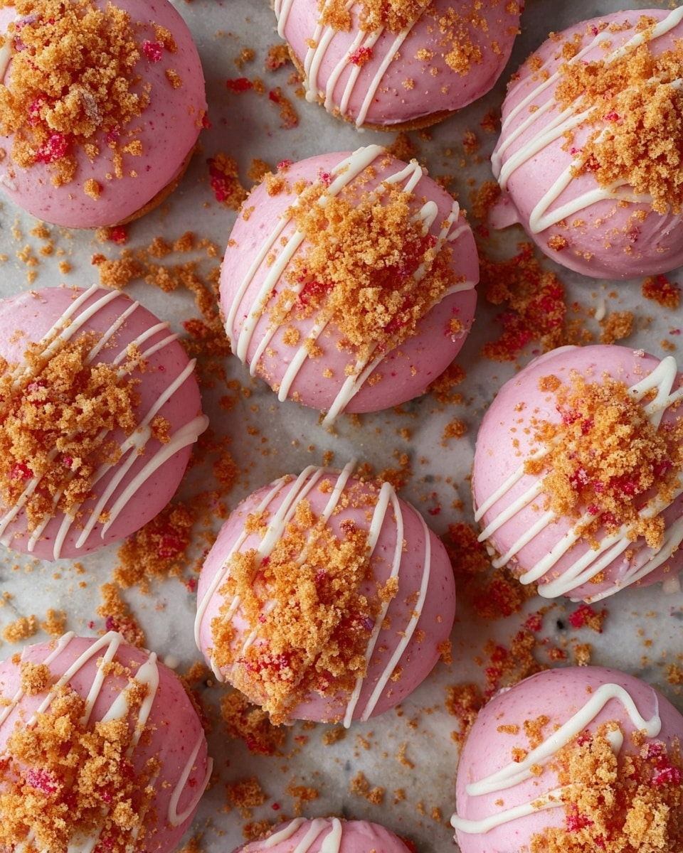 A close-up view of nine round pink desserts, each coated with smooth light pink frosting, showing a glossy texture. On top of each dessert, there is a drizzle of white icing, creating thin parallel lines across the surface. Crumbled pieces of golden brown and red crumbs are sprinkled generously on top, adding a rough texture and color contrast. The desserts are placed on a neutral parchment-like base scattered with more crumbs, all resting on a white marbled texture. The arrangement is slightly irregular, giving a casual, homemade feel. photo taken with an iphone --ar 4:5 --v 7