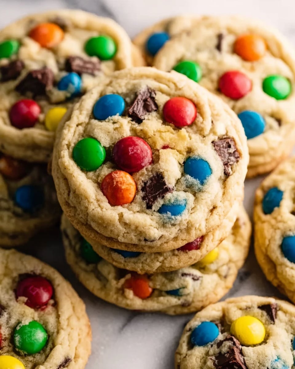 The image shows a close-up of several round cookies stacked on top of each other, all filled with colorful candy-coated chocolate pieces in red, green, blue, yellow, and orange. The cookie dough is light golden-brown with a soft, slightly crumbly texture, and chunks of dark brown chocolate are visible within the dough. The candies sit on the surface of the cookies, creating a bright contrast to the pale cookie base. The cookies appear freshly baked with slight browning on the edges, and the background is a white marbled texture. photo taken with an iphone --ar 4:5 --v 7