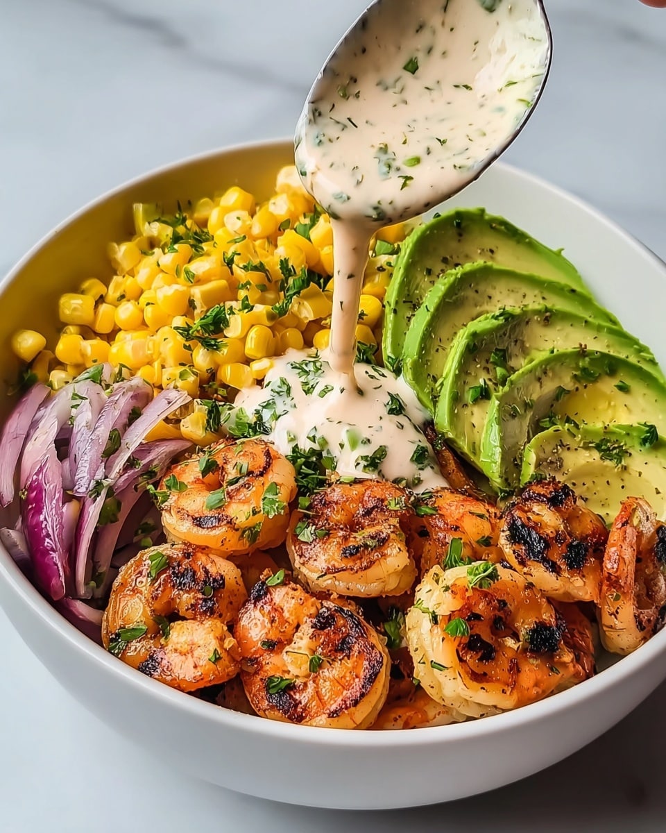 The image shows a white bowl with four main layers. On one side, there are bright yellow grilled corn kernels mixed with chopped herbs. Next to it, there are large grilled shrimp with char marks, stacked closely together and garnished with chopped green herbs. On the other side, there are thick slices of avocado with a smooth green texture and sprinkled with herbs. Underneath the shrimp, some pieces of red onion add a purple color and a crunchy texture. Above the shrimp, a spoon held by a woman's hand is pouring a creamy white sauce with green herb specks over the shrimp. The whole bowl is set on a white marbled surface. photo taken with an iphone --ar 4:5 --v 7