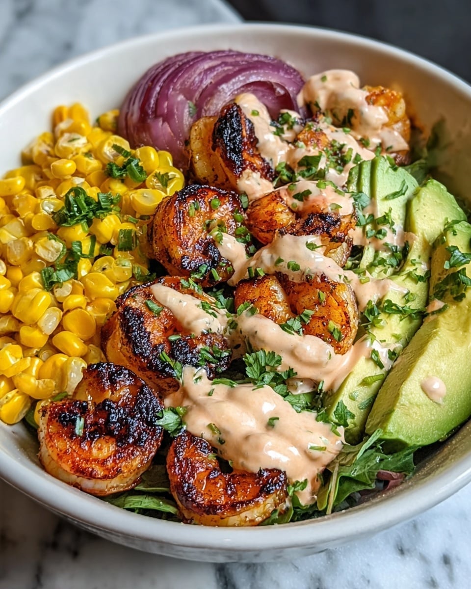 The dish is a bowl with four main sections: bright yellow corn with small green herbs on the left, next to purple pickled onions, followed by grilled shrimp with a reddish-brown char, topped with a creamy light beige sauce and sprinkled with green herbs at the top right, and creamy green avocado slices with some herbs on the bottom right. The bowl is white and sits on a white marbled texture. photo taken with an iphone --ar 4:5 --v 7