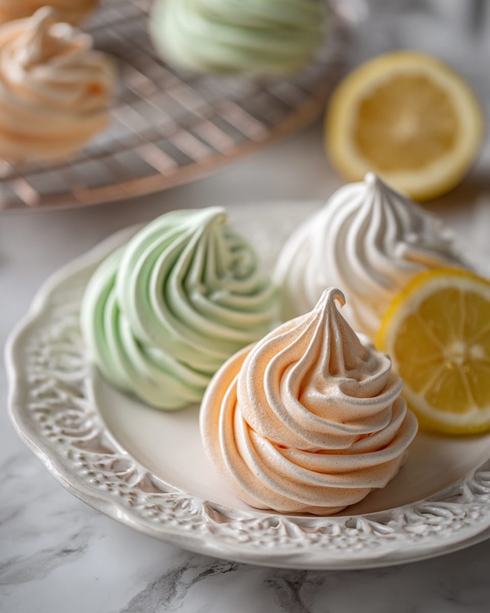 The image shows a close-up of three meringue cookies on a white plate with delicate cut-out designs around the edge. The front cookie is a soft peach color with a smooth swirl texture that spirals inward. Behind it to the left is a pale green meringue with the same swirled pattern, and to the right is a creamy white meringue also with a swirl design. A bright yellow lemon slice is placed between the green and white meringues, adding a pop of color. In the background, more meringues in the same colors rest on a metal cooling rack, all set on a white marbled surface. photo taken with an iphone --ar 4:5 --v 7