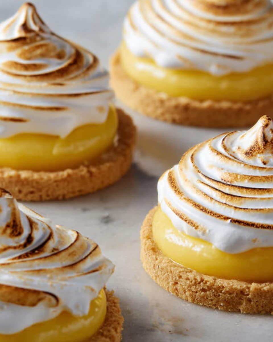 The image shows four lemon meringue tarts placed on a white marbled surface. Each tart has three visible layers: the bottom layer is a pale yellow, crumbly cookie base, the middle layer is a smooth and glossy yellow lemon curd, and the top layer is a fluffy white meringue with browned peaks from toasting, swirled in a circular pattern with a light golden-brown color on the outer edges. The tarts appear evenly spaced with a soft focus in the background, highlighting textures and colors of the topping and base. photo taken with an iphone --ar 4:5 --v 7