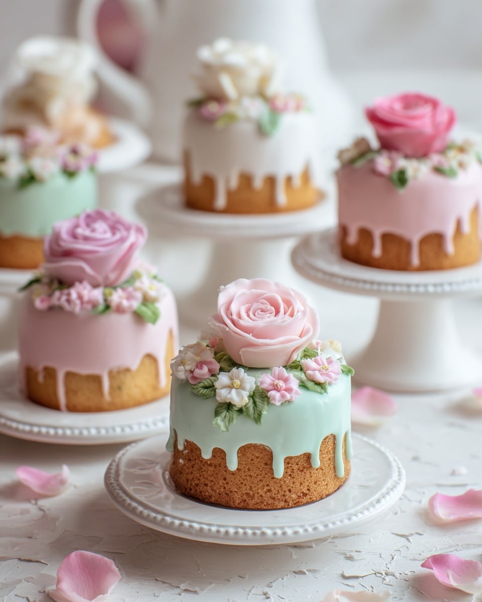The image shows several small round cakes with two layers each: a light brown base layer and a smooth pastel-colored icing layer on top. The icing colors include pale pink, mint green, and white, dripping slightly over the edges. Each cake is decorated with detailed small flowers and leaves made from icing, with some topped by a large pink or white rose iced flower. The cakes are placed on white plates and white cake stands, all set on a white marbled surface. Scattered small flower petals add a soft, delicate touch around the cakes. photo taken with an iphone --ar 4:5 --v 7