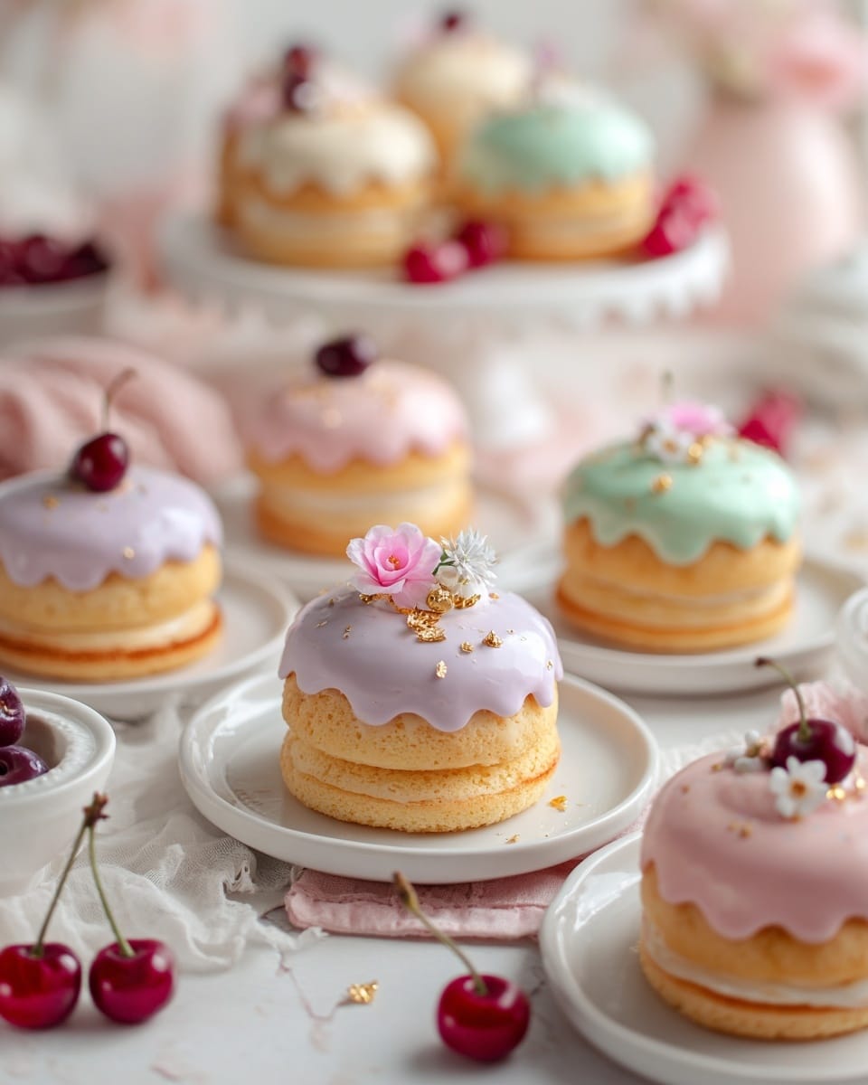 The image shows several small, round cakes with two layers of light yellow sponge cake, each separated by a thin cream layer and topped with a thick, glossy icing in pastel colors like lavender, pink, and mint green with scalloped edges. On top of each cake there are small decorations like tiny flowers, a single cherry, or gold flakes scattered for sparkle. The cakes sit on white plates arranged on a table covered with a white marbled texture and soft pink and white cloths, with some cherries scattered around. The background is soft and blurred, showing more similar cakes on a white cake stand. photo taken with an iphone --ar 4:5 --v 7