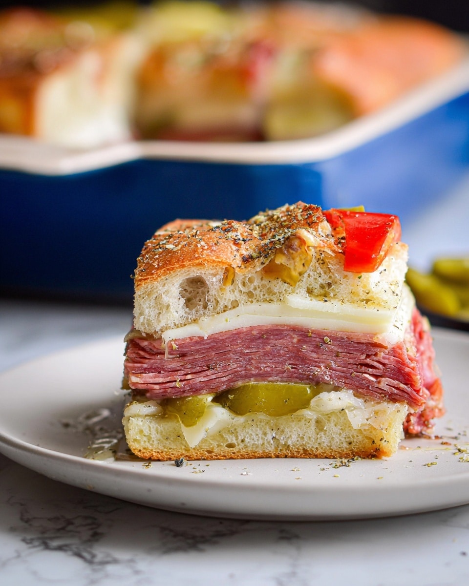The image shows a set of four small sandwiches stacked closely on a white tray, placed on a white marbled surface. Each sandwich has three layers of soft, golden-brown bread topped with visible seasoning of herbs and black pepper. Inside, there are layers starting from the bottom with stacked pink deli meats, followed by a layer of melted white cheese, topped with slices of bright yellow pepper and red tomato pieces. The melted cheese slightly drips over the sides, giving the sandwiches a rich and gooey texture. In the background, more sandwiches are visible, slightly out of focus, giving depth to the image. Photo taken with an iphone --ar 4:5 --v 7