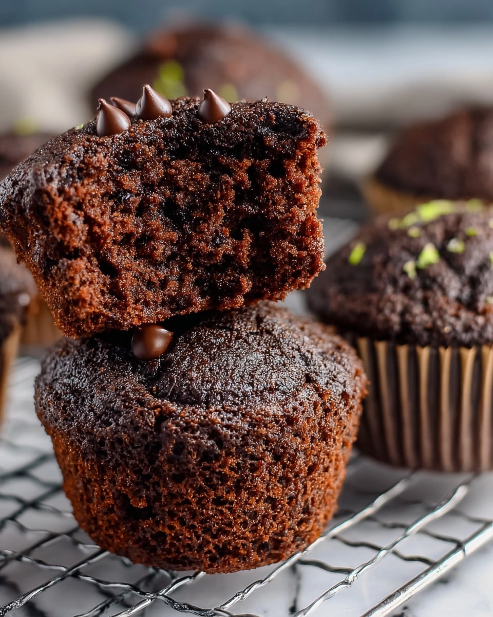 The image shows a close-up of three dark chocolate muffins arranged on a wire rack over a white marbled surface. The muffin in the front is split into two parts, showing a moist, dense crumb with a rich brown color and some chocolate chips inside. One half of the split muffin is leaning against a whole muffin, which is topped with a few glossy chocolate chips and small green zest pieces, adding texture and color contrast. A third whole muffin is blurred in the background. The muffins have a slightly rough texture on the top with a crumbly surface, all held inside brown paper liners. Photo taken with an iphone --ar 4:5 --v 7
