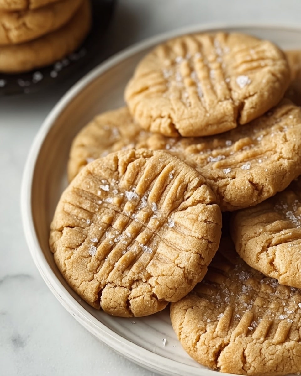A close-up view of a round white plate filled with soft peanut butter cookies, each cookie showing a light golden-brown color with distinct fork-pressed lines forming a crisscross pattern on top, and scattered with sparkling sea salt flakes that add texture and shine. The cookies have a slightly cracked surface and appear thick but tender. In the background, part of another white plate with more cookies is visible, all against a white marbled texture. Photo taken with an iphone --ar 4:5 --v 7