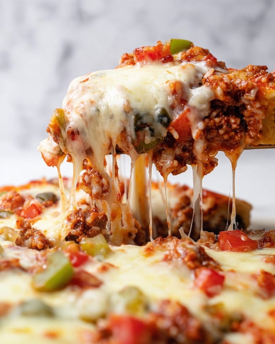 A slice of pizza being lifted, showing three main layers: the top layer is melted, stretchy white cheese with a smooth and stringy texture; below it is a mix of chunky red tomato pieces and green bell pepper chunks; the bottom layer is a thick, reddish-brown rich meat sauce with bits of ground meat and small grains of rice visible, all sitting on a crust that is mostly hidden by the toppings. The pizza is on a white marbled surface in the background. photo taken with an iphone --ar 4:5 --v 7