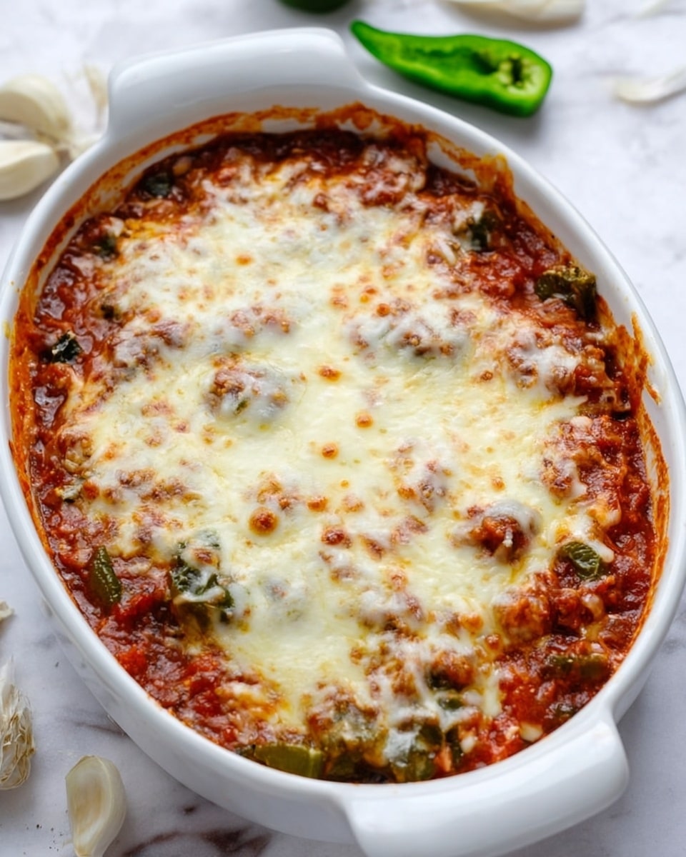 The dish is a baked casserole in a white oval ceramic dish with two handles. It has two visible layers: the bottom layer is a rich red sauce mixed with chunks of green vegetables and possibly meat, and the top layer is melted cheese that is creamy white with spots of light golden brown where it has browned slightly. The cheese appears soft and stringy, covering the entire surface, with bits of the red sauce and vegetables peeking through unevenly. The background is a white marbled texture, with some garlic cloves and a few green slices of pepper near the dish. Photo taken with an iphone --ar 4:5 --v 7