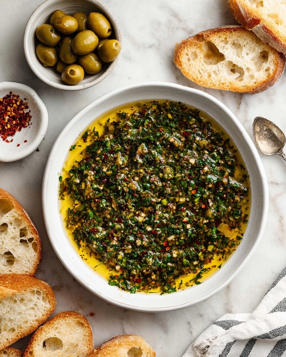 A shallow white bowl filled with a mixture of finely chopped green herbs and garlic pieces floating in a pool of golden olive oil, showing a wet and textured surface with hints of red chili flakes scattered throughout. Around the bowl, several slices of light golden toasted bread with airy holes are placed on a white marbled surface. At the top left, there is a small white bowl with shiny green olives, and above it, a white bowl with crushed red pepper flakes and a small silver spoon resting inside. A white and gray striped cloth is partially visible at the bottom right. photo taken with an iphone --ar 4:5 --v 7