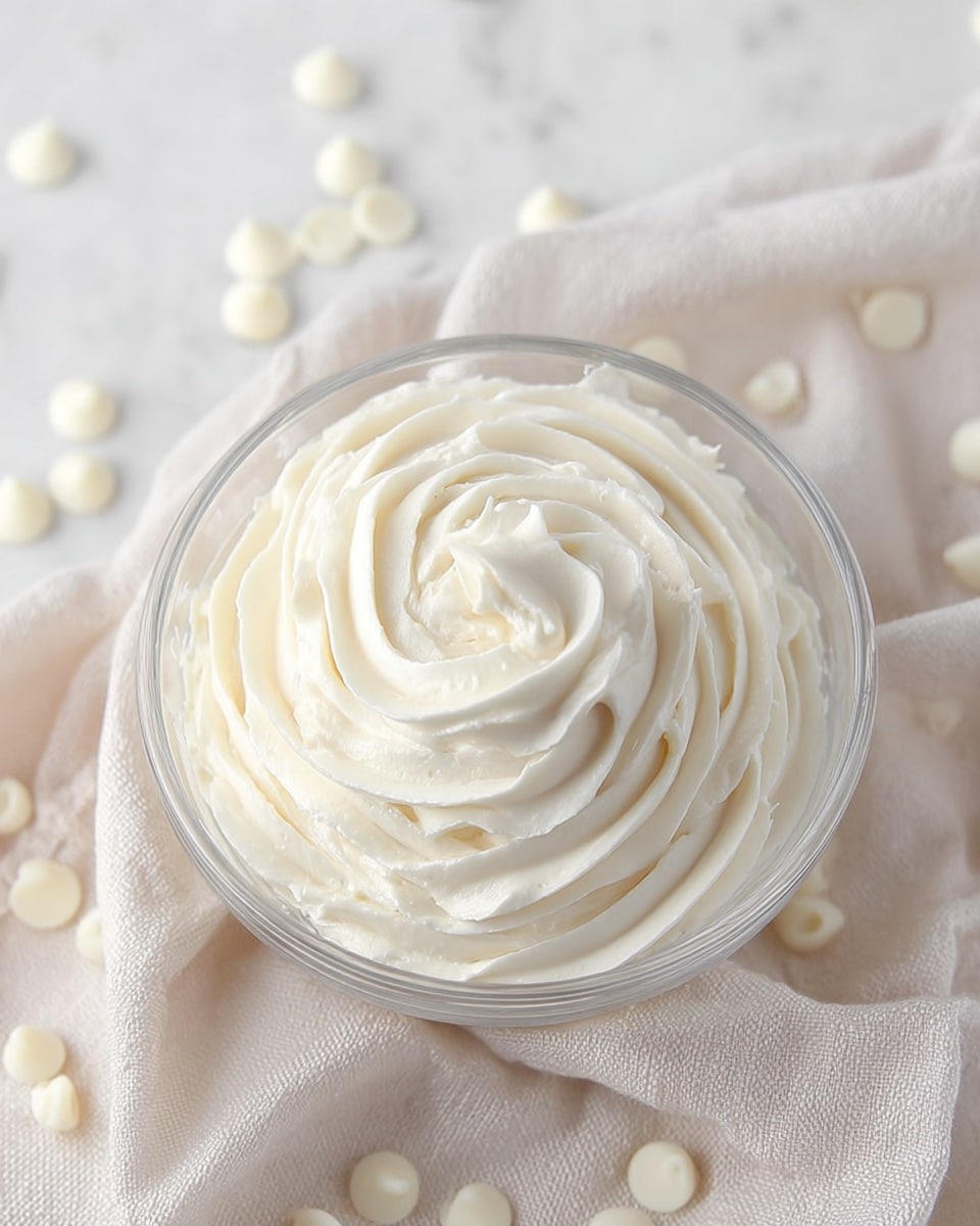 A clear glass bowl filled with smooth, creamy white frosting swirled in a spiral pattern, sitting on a light beige cloth with a soft texture. Scattered around the cloth and bowl are small, round white chocolate chips, adding detail and contrast. The background is a white marbled texture that highlights the simplicity and softness of the frosting and cloth. photo taken with an iphone --ar 4:5 --v 7