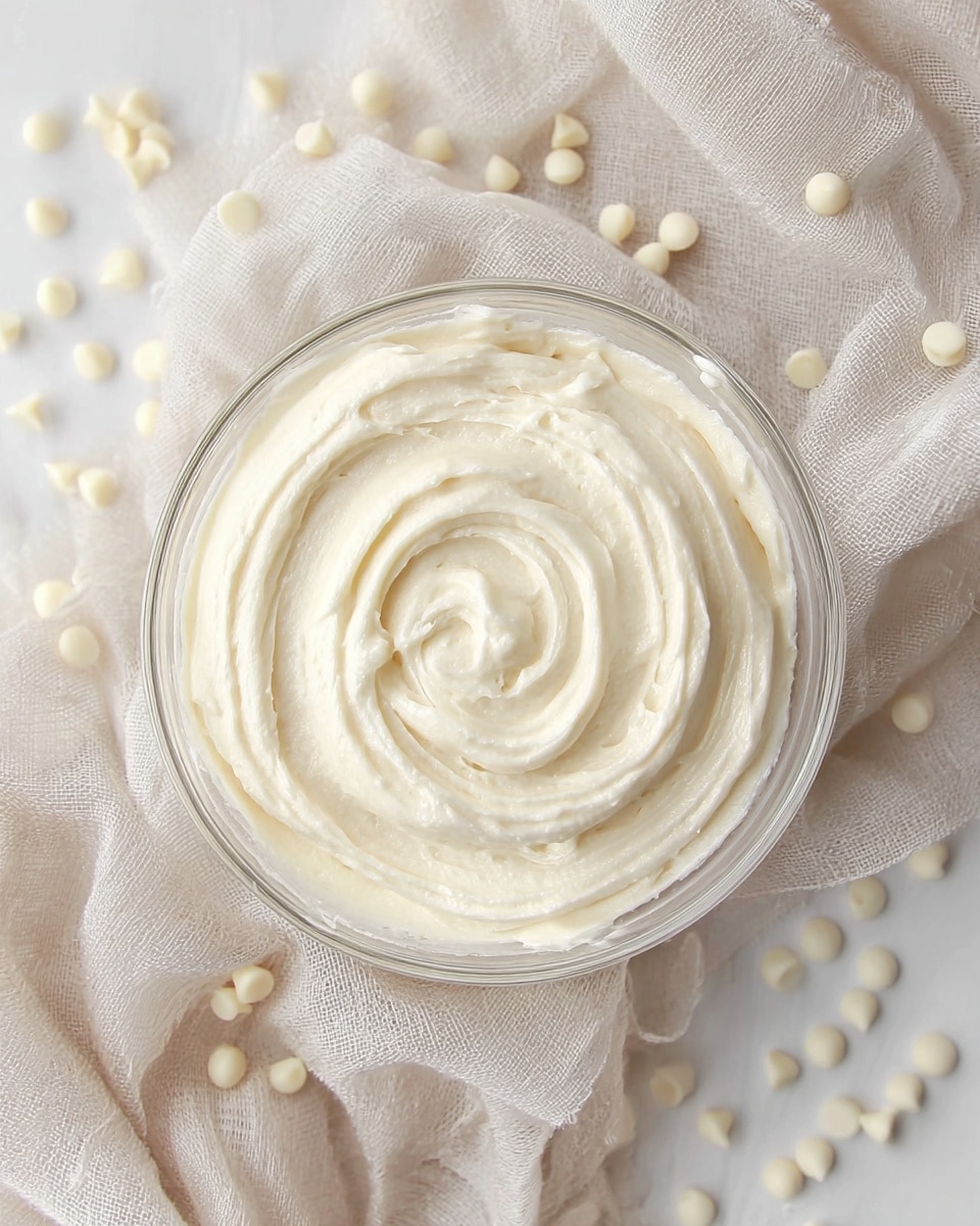 A clear glass bowl filled with a smooth, creamy white frosting swirled in a soft spiral with a light, fluffy texture, sitting on a light beige linen cloth that has a rough, wrinkled look, scattered around the bowl are small, round white chocolate chips on a white marbled surface. photo taken with an iphone --ar 4:5 --v 7