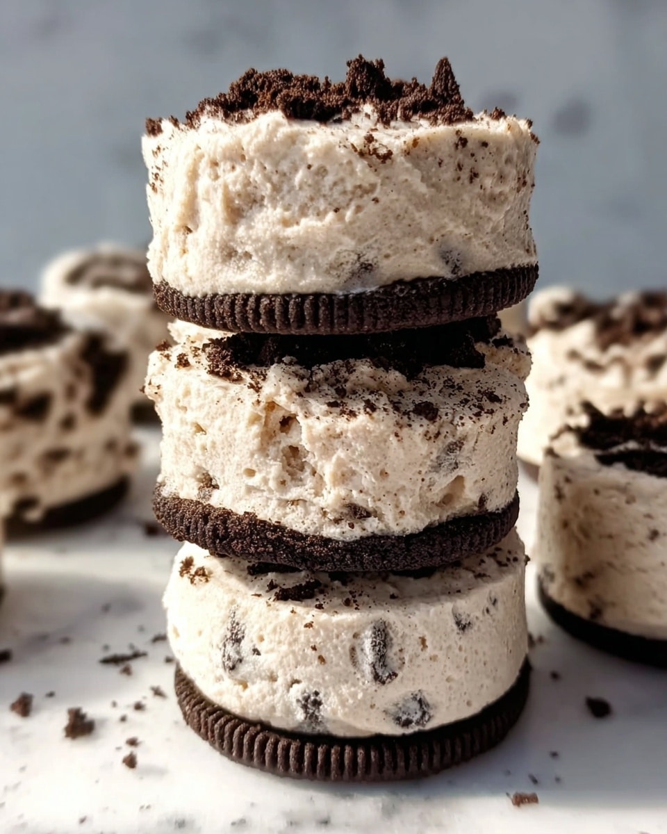 The image shows a stack of three layered desserts on a white marbled surface. Each dessert has three layers: the bottom layer is a whole dark chocolate cookie, the middle layer is a thick, light beige cream mixed with small dark cookie bits and has a slightly rough texture, and the top layer is another whole dark chocolate cookie covered by the same cream with dark cookie crumbs sprinkled on top. The layers are distinct and the cream appears fluffy and soft, with the cookies providing contrast and structure. The photo taken with an iphone --ar 4:5 --v 7