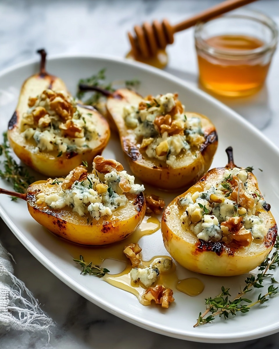 The image shows four pear halves with a golden-brown, grilled outer surface, placed on a white oval plate. Each pear half is topped with a thick layer of crumbly blue cheese mixed with small herb pieces, and sprinkled with crunchy walnut chunks. There is a shiny drizzle of honey around the pears, adding a glossy texture. Fresh green thyme sprigs are scattered on the plate for decoration. In the background, there is a small glass bowl filled with honey and a honey dipper resting inside. The surface under the plate is a white marbled texture. photo taken with an iphone --ar 4:5 --v 7