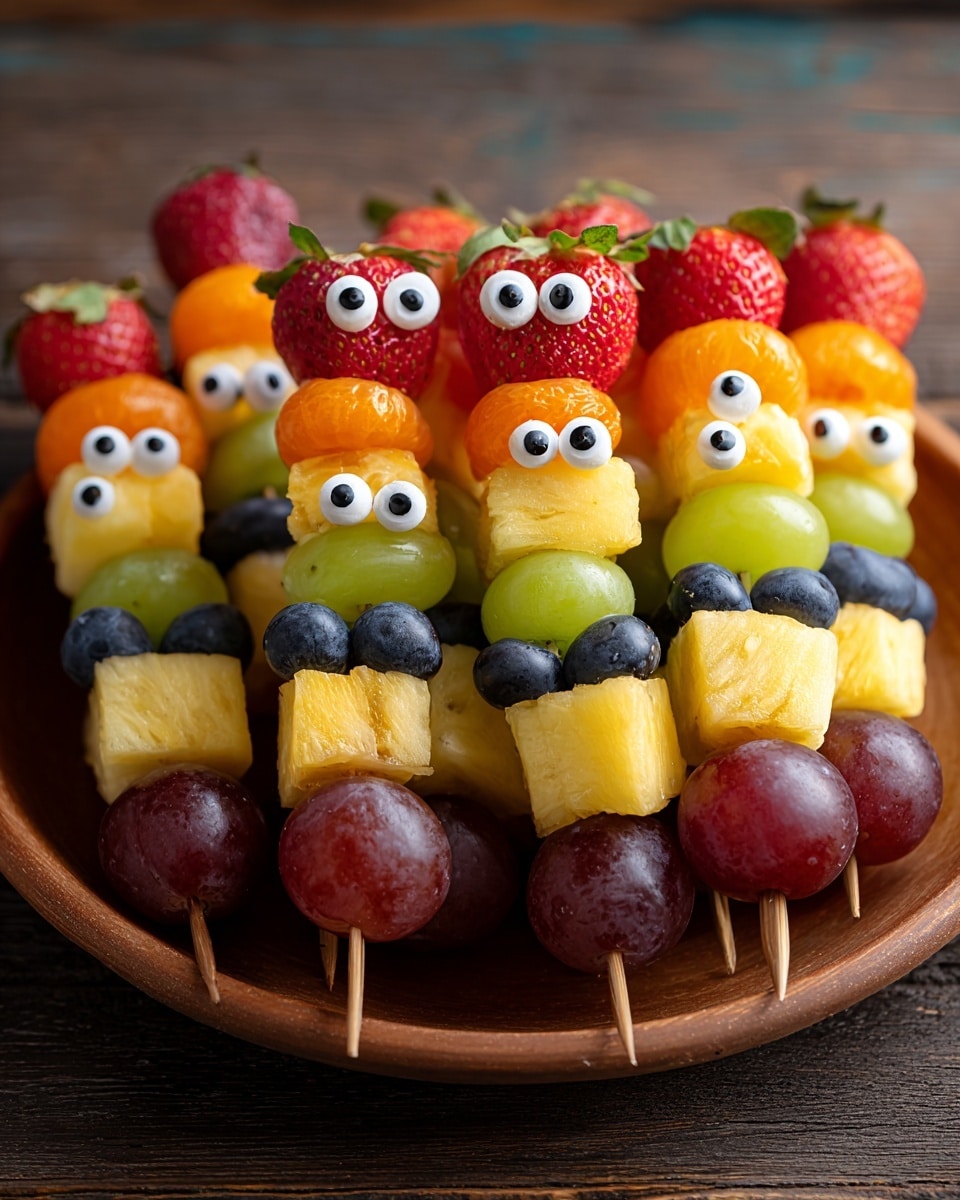 A brown round plate holds several colorful fruit skewers arranged closely together. Each skewer has layers starting from the bottom with one or two round dark red grapes, followed by a chunk of bright yellow pineapple, then a piece of orange cantaloupe or a green grape as the middle layer. Above that, some skewers have strawberries, kiwi slices, or clusters of blueberries. Each fruit skewer also features two small white candy eyes with black centers placed on the middle layer, creating a fun and playful look. The plate sits on a wooden surface. photo taken with an iphone --ar 4:5 --v 7