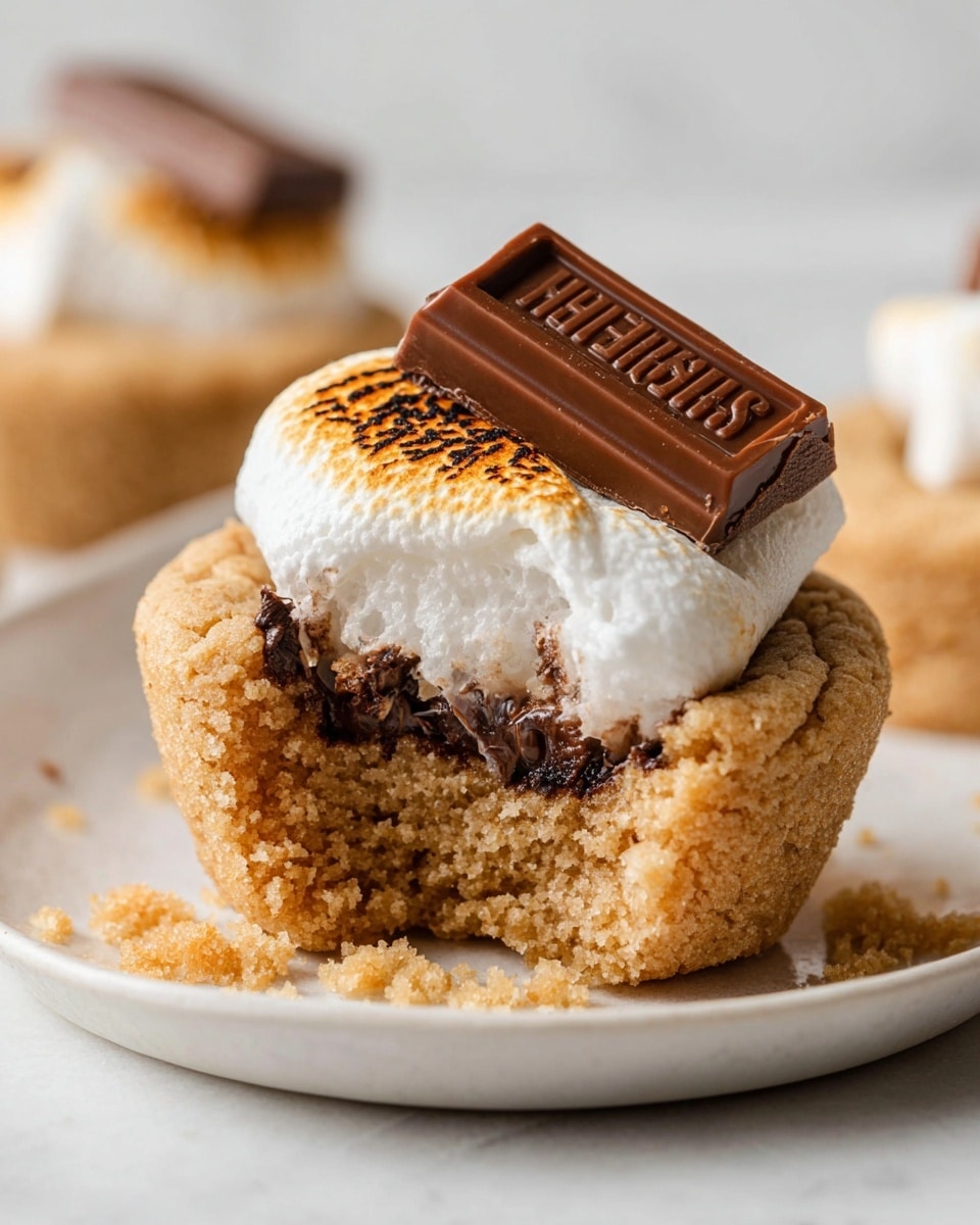 The image shows a close-up of a small, soft cookie cup with a bite taken out, revealing its light brown crumbly texture inside. On top of the cookie cup, there is a toasted white marshmallow that has golden-brown edges. A square piece of Hershey's chocolate bar, slightly melted at the bottom, rests on the marshmallow. The cookie cup and toppings are placed on a white plate, set on a white marbled surface. Crumbs from the cookie are scattered around the base. Photo taken with an iphone --ar 4:5 --v 7