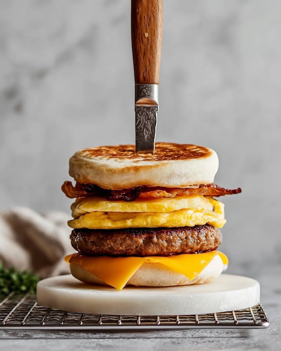 The image shows a breakfast sandwich with four visible layers stacked neatly on a white round base that looks like an English muffin. The bottom layer is a slice of melted bright orange cheese, followed by a thick, juicy brown sausage patty. Above the sausage, there is a folded, soft, pale yellow scrambled egg layer. On top of the egg, some crispy, dark brown bacon strips are slightly visible under the top layer which is another white English muffin with a golden-brown toasted surface. A vintage silver knife with a wooden handle is stuck vertically through the center of the sandwich, all placed on a metal rack with a white marbled textured background. photo taken with an iphone --ar 4:5 --v 7
