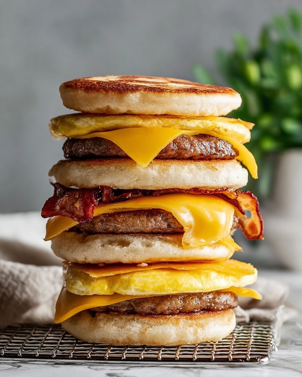 The image shows a tall stacked breakfast sandwich with three layers of golden brown toasted English muffins as the base, middle, and top. Between the bottom and middle muffin, there is a melted slice of bright yellow cheddar cheese, a thick cooked sausage patty with a slightly crispy texture, a folded light yellow fluffy egg layer, and crispy dark brown bacon peeking out. The middle and top muffin hold another melted slice of cheddar cheese, a second cooked sausage patty, a folded egg layer, and crispy bacon close to the top. The sandwich sits on a wire cooling rack placed on a white marbled textured surface, with a blurred green plant in the background. The colors focus on warm browns and yellows with a soft, natural light highlighting the textures and layers. Photo taken with an iphone --ar 4:5 --v 7