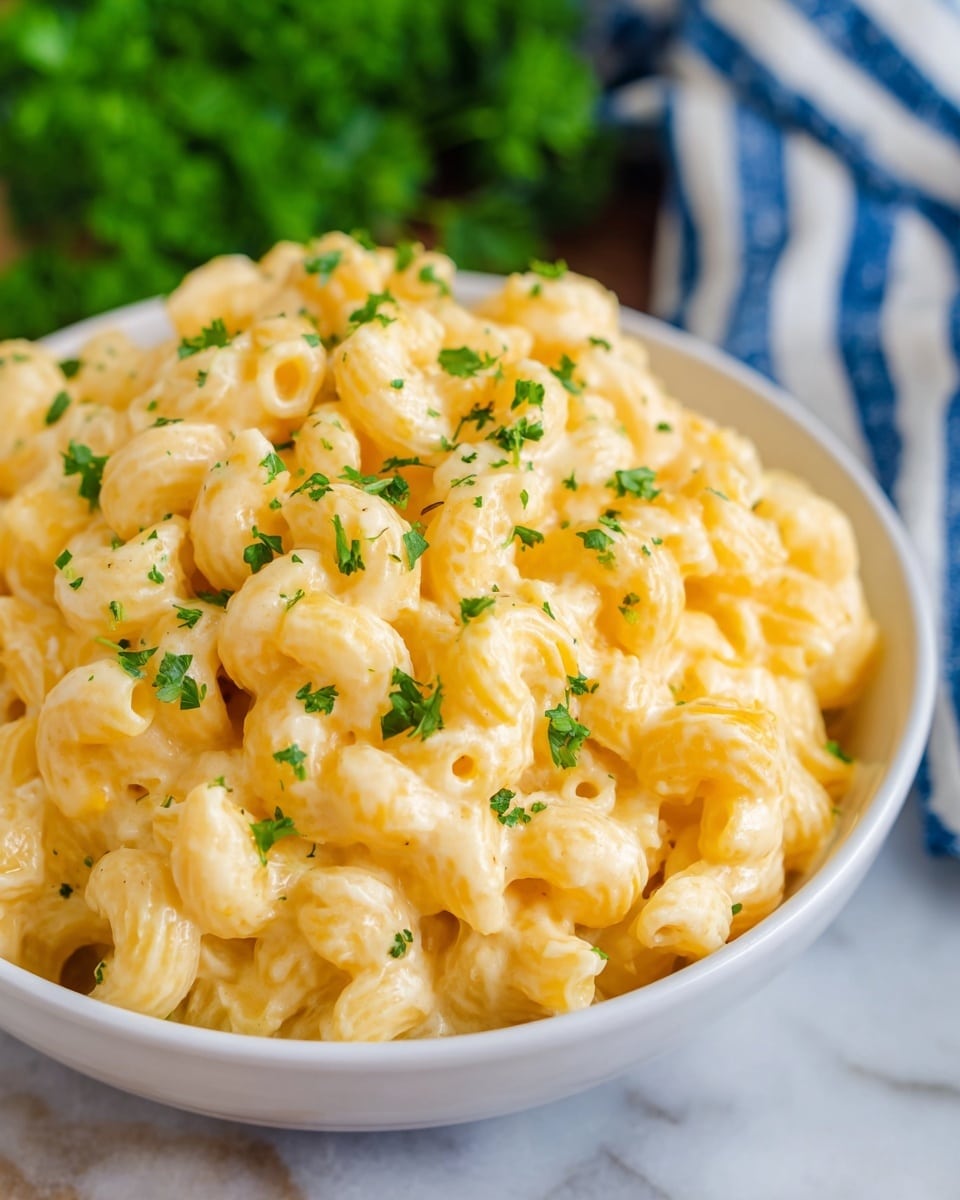 A white bowl is filled with creamy macaroni and cheese, showing about two layers of pale yellow pasta coated in smooth, rich cheese sauce. Small pieces of bright green parsley are sprinkled on top, adding fresh color contrast. The pasta is cavatappi, with a spiral shape and a slightly glossy texture from the cheesy coating. The dish is placed on a white marbled surface, and a blurred background includes some green parsley and blue striped fabric. Photo taken with an iphone --ar 4:5 --v 7