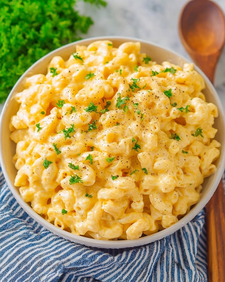 A close-up of a white bowl full of creamy macaroni and cheese with a smooth, thick yellow cheese sauce coating each curved macaroni piece. The pasta is garnished with small, fresh green parsley leaves and a light sprinkle of black pepper. The bowl sits on a white marbled surface, with some chopped parsley partially visible on the left, and a wooden spoon on the right. A striped blue and white towel is underneath the bowl. photo taken with an iphone --ar 4:5 --v 7
