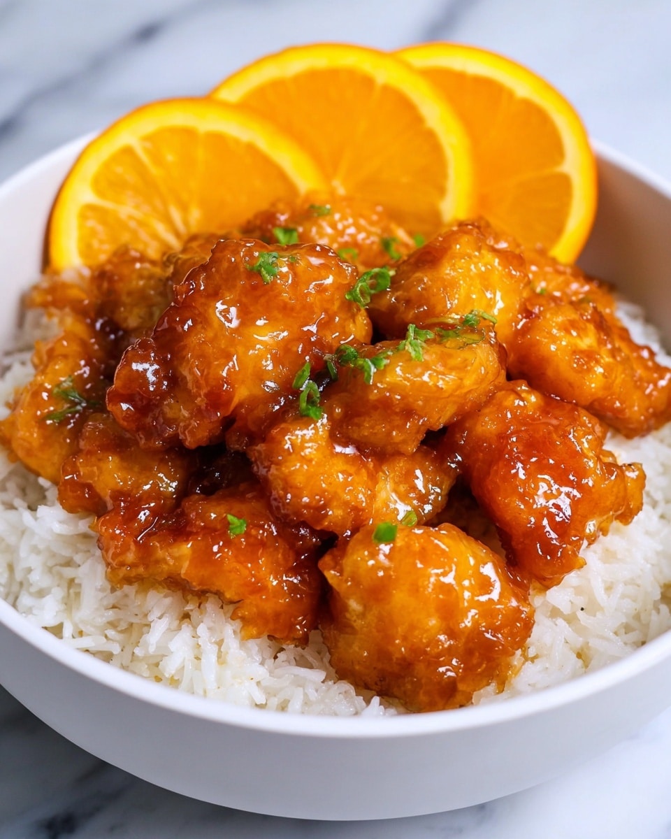 A white bowl filled with a base layer of fluffy white rice, topped with a layer of golden-brown pieces of crispy chicken coated in a shiny, thick orange sauce, giving them a glossy texture. On top of the chicken, there are two bright orange slices adding a fresh and juicy look with their vibrant color and smooth surface. The bowl rests on a white marbled texture background. photo taken with an iphone --ar 4:5 --v 7