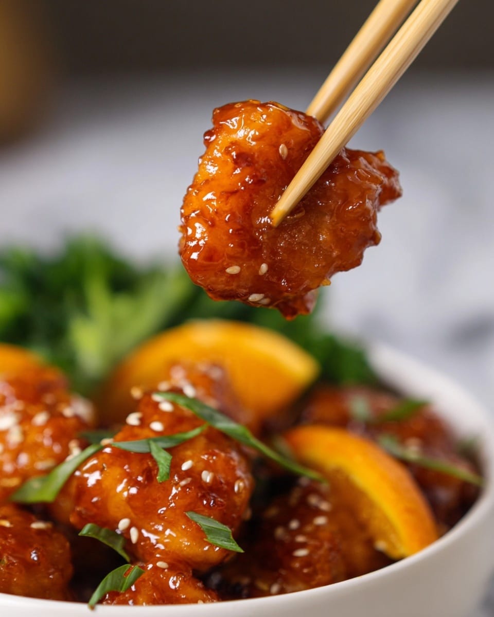 A piece of glossy, golden-orange battered chicken covered in a shiny, sticky sauce is held by wooden chopsticks. Below it, a white bowl contains more pieces of the same glazed chicken, garnished with bright orange slices and sprinkled with small white sesame seeds and green herbs. In the background, blurred green vegetables add contrast, all set on a white marbled surface. photo taken with an iphone --ar 4:5 --v 7