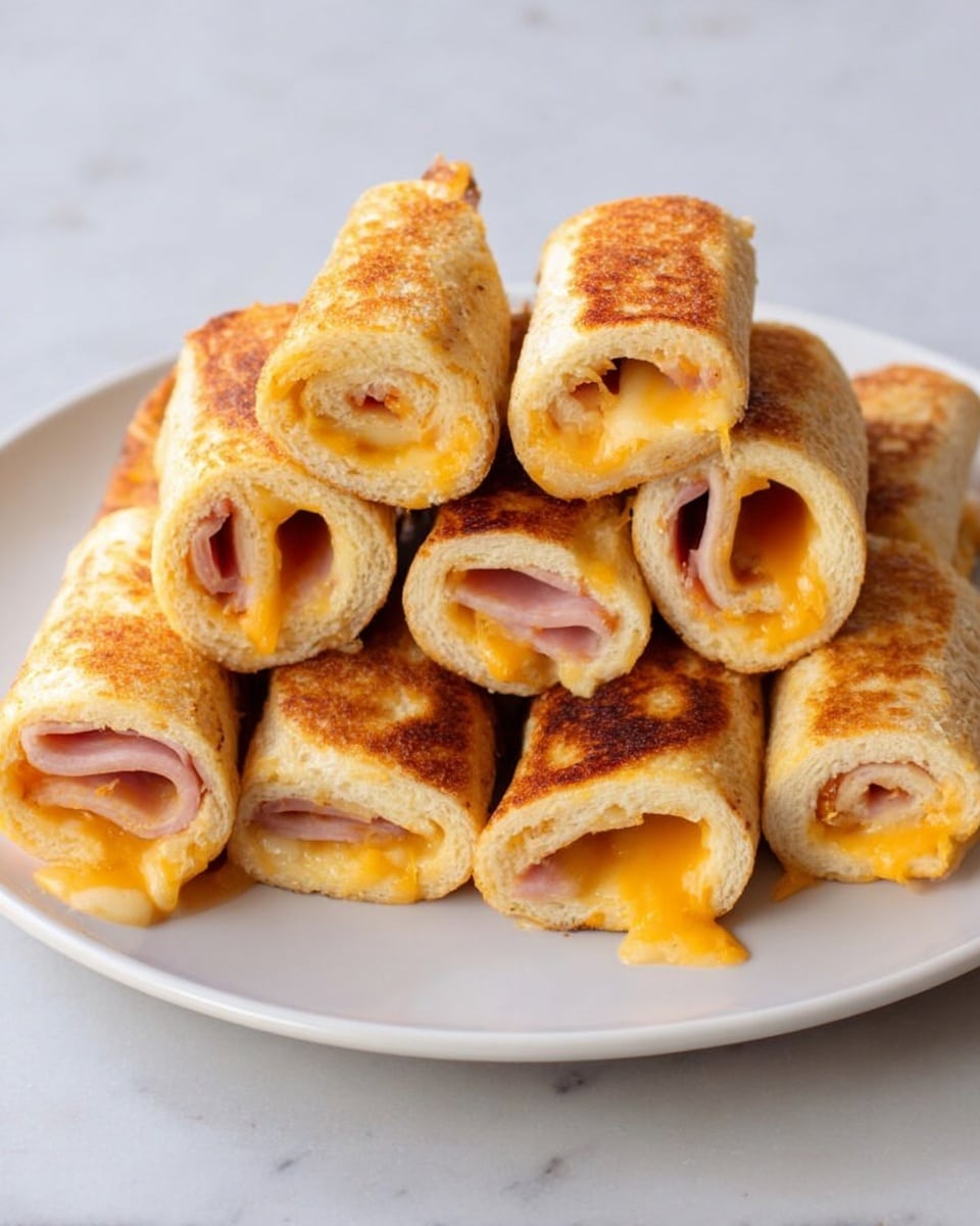 The image shows eight toasted rolled sandwiches arranged in two small piles and one separate roll on a large white plate placed on a white marbled surface. Each sandwich is made with two layers: the outer layer is golden brown toasted bread with a slightly crispy texture, and the inner layer is melted orange-yellow cheese mixed with thin slices of light pink ham, visible at the open ends of the rolls. The rolls are tightly packed and vary slightly in size, showing some of the cheese oozing out. The overall look is warm and appetizing with a homely feel. photo taken with an iphone --ar 4:5 --v 7