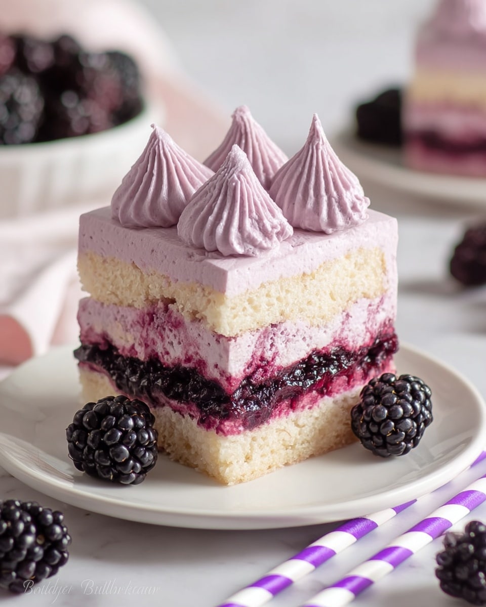 A square piece of layered dessert sits on a white plate, placed on a white marbled surface, decorated with fresh blackberries around it. The dessert has four layers: the bottom and third layers are light-colored sponge cake with a dark purple berry spread in between, the second and top layers are thick, light purple mousse or cream. On top, there are five dollops of the same purple mousse, forming small peaks. The textures show soft cake and airy cream, with the berry spread slightly seeping into the cake. Two purple and white striped paper straws lie in the foreground. Photo taken with an iphone --ar 4:5 --v 7