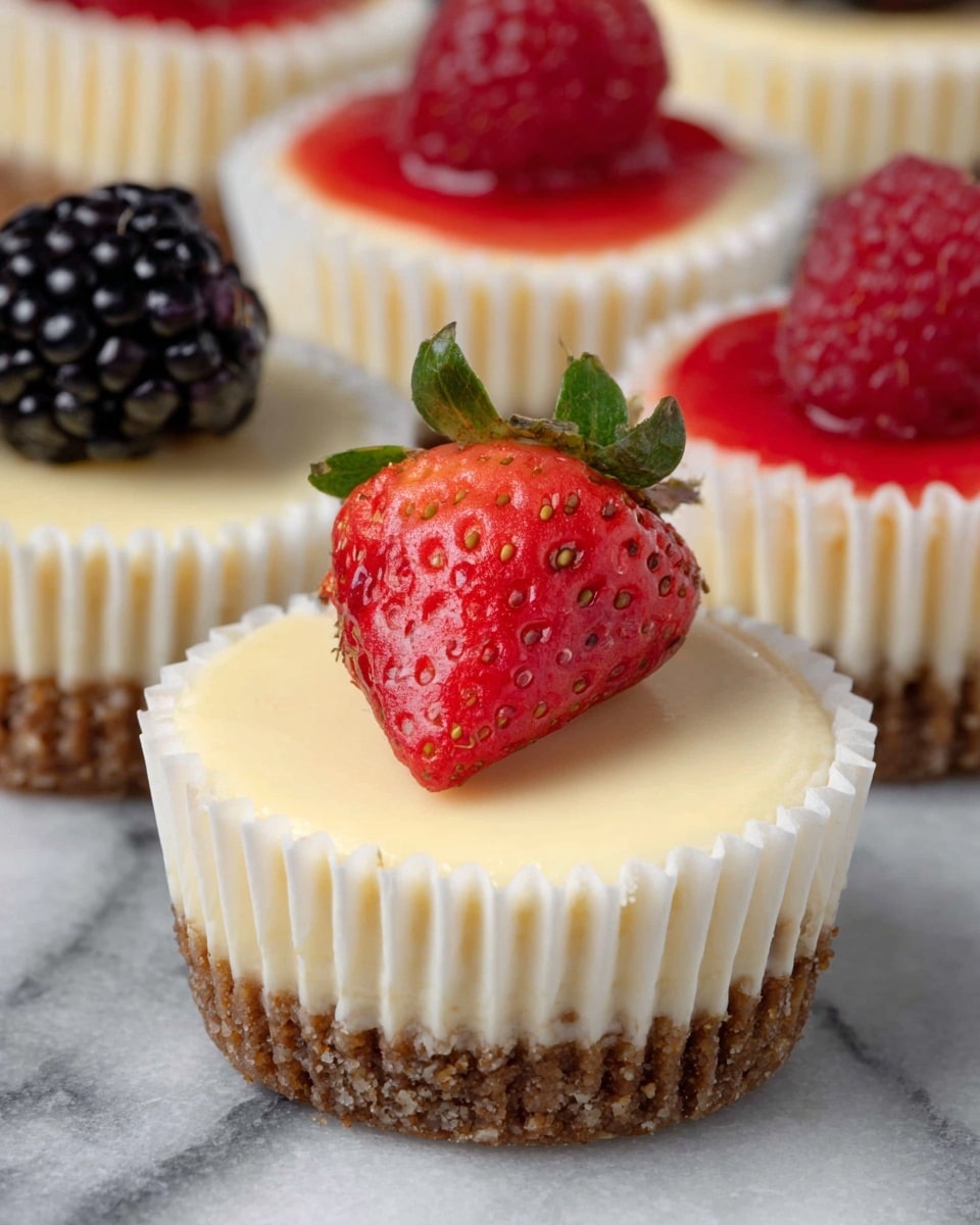 The image shows close-up mini cheesecakes each wrapped in white paper liners. Each cheesecake has three layers: a crumbly brown crust at the bottom, a smooth creamy light yellow middle layer, and a flat top layer. One mini cheesecake in the front is topped with a glossy red half strawberry with its green leaves. In the background, other cheesecakes are topped with a whole red raspberry and a shiny black blackberry on a red sauce. All cheesecakes rest on a white marbled surface. photo taken with an iphone --ar 4:5 --v 7
