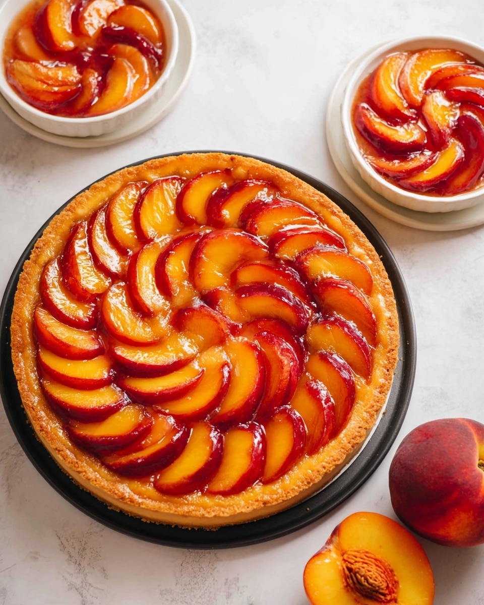 The image shows a round peach tart on a black tray. The tart has one visible layer of glossy peach slices arranged in a circular pattern, starting from the center and moving outward like petals, with the peaches showing a mix of bright orange and red hues. The crust is light golden brown, visible around the edge. In the background, two small white bowls hold smaller versions of the tart, also topped with peach slices. To the bottom right on a white marbled surface, there are two whole peaches, one cut open revealing the bright orange flesh and pit inside. Photo taken with an iphone --ar 4:5 --v 7