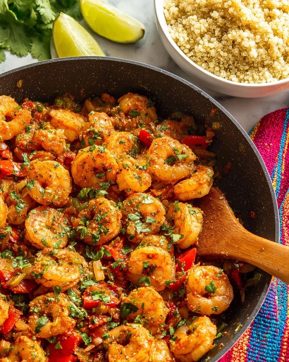 A close-up view of a black pan filled with cooked shrimp mixed with small pieces of red bell peppers and onions, all lightly coated with seasoning and garnished with chopped green herbs scattered on top. There is a wooden spatula resting partly in the pan on the right side. To the left of the pan, two bright green lime wedges and fresh green cilantro leaves are visible. In the upper right corner, a white bowl filled with cooked fluffy quinoa sits on a white marbled surface. A colorful woven cloth with red, blue, yellow, and green stripes rests partially beneath the pan and avocado. The lighting highlights the warm orange and red tones of the dish, making it look fresh and appetizing. Photo taken with an iphone --ar 4:5 --v 7