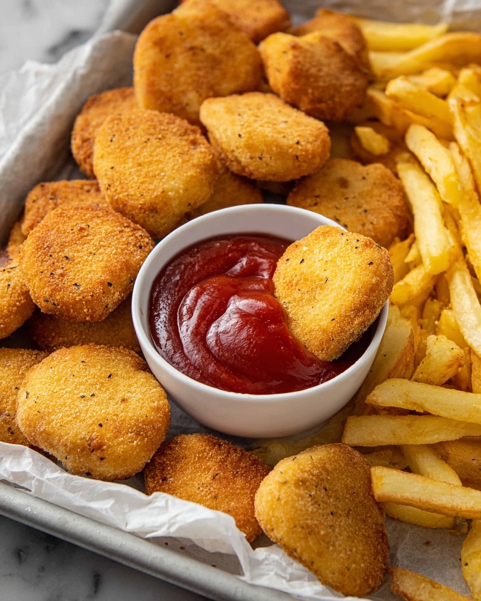 The image shows a tray filled with golden brown chicken nuggets and bright yellow French fries. In the center of the tray is a white round dipping bowl filled with smooth, deep red ketchup. One nugget is partially dipped into the ketchup, showing its crispy, slightly grainy texture with small black specks on its surface. The chicken nuggets are arranged in a loose pile behind and around the ketchup bowl, while the fries form a layer on the right side of the tray. The tray is lined with white parchment paper, and the setting is on a white marbled surface. photo taken with an iphone --ar 4:5 --v 7