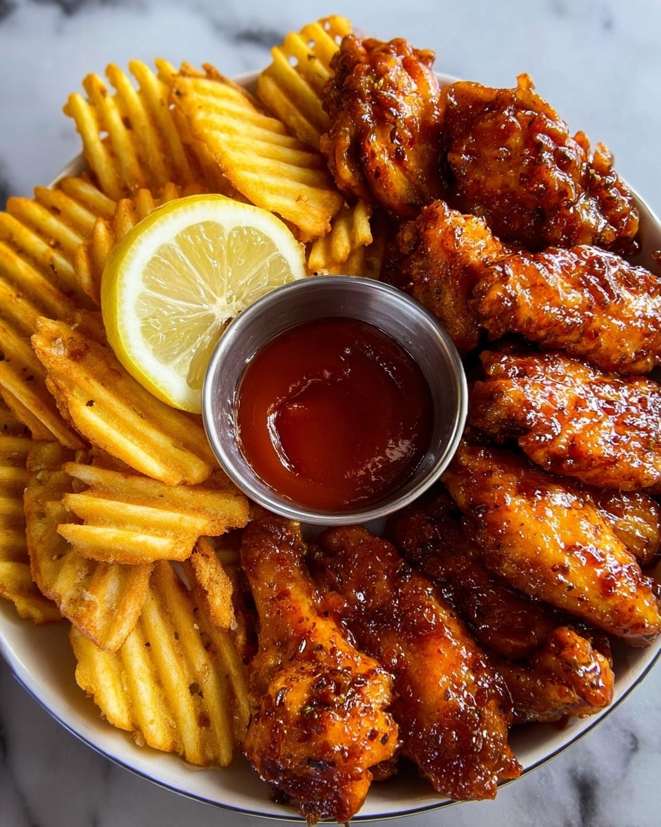 The image shows a white bowl filled with crispy golden-brown waffle fries on the left side and a circle of shiny, glazed chicken wings on the right side. The chicken wings are richly coated with a sticky, reddish-brown sauce, giving them a glossy, textured look. A small metal cup of bright red dipping sauce sits in the center of the bowl, surrounded by the chicken wings. A wedge of lemon with a light yellow color is placed on the left edge of the bowl, touching the waffle fries. The bowl is set against a white marbled surface. photo taken with an iphone --ar 4:5 --v 7
