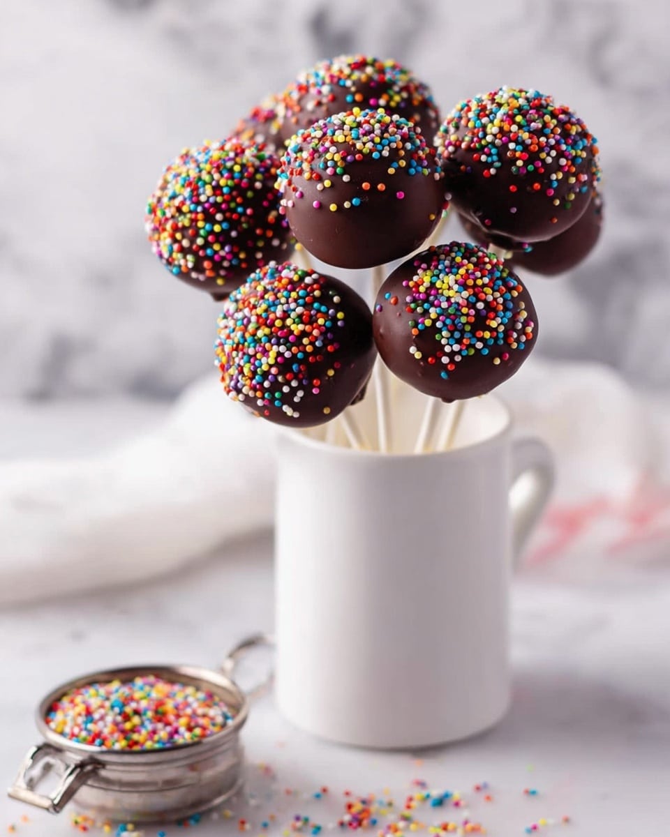 A bouquet of nine round chocolate cake pops covered with smooth dark chocolate coating and decorated with tiny, colorful round sprinkles all over. These cake pops are arranged sticking out of a tall white vase, closely grouped, showing their rich chocolate texture and bright sprinkles. In the foreground, a small silver bowl holds more of the same colorful sprinkles on a white marbled surface, with some stray sprinkles scattered nearby. The background is softly blurred with a white marbled texture. photo taken with an iphone --ar 4:5 --v 7