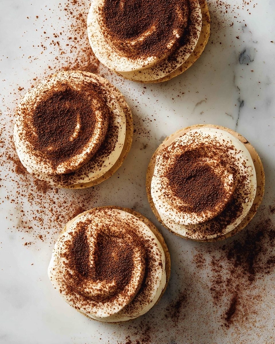Four small round desserts are placed on a white marbled surface, each having two visible layers: a light beige base and a thick top layer of creamy white frosting. The top layer is dusted generously with fine brown cocoa powder, creating a textured, slightly rough surface with a smooth swirling pattern on each dessert. Cocoa powder also spills around the desserts onto the surface. photo taken with an iphone --ar 4:5 --v 7
