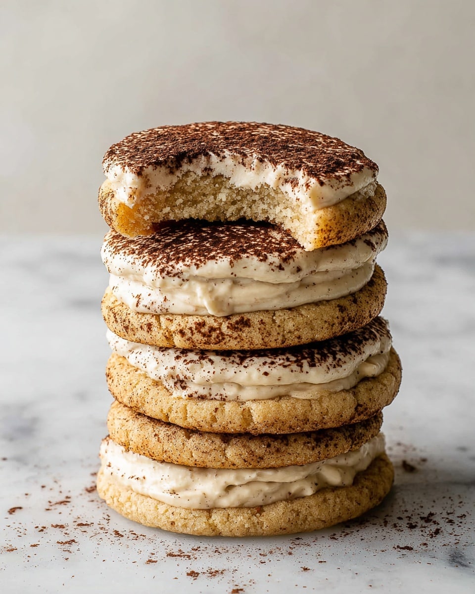 A stack of five round cookies with a light golden color and rough texture are layered with creamy, light beige frosting in between each cookie. The top cookie has a thick spread of the same frosting on top, dusted evenly with dark brown cocoa powder, and a bite taken out of it showing the soft inside. The cookies and frosting layers alternate evenly, creating a tall, soft dessert on a white marbled surface with a neutral background. Photo taken with an iphone --ar 4:5 --v 7