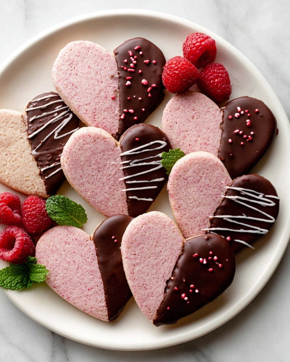 The image shows twelve pink heart-shaped cookies on a baking sheet lined with white parchment paper. Each cookie is half-dipped in dark chocolate on the right side, with a smooth, shiny texture. White chocolate is drizzled in thin zigzag lines over the dark chocolate part, adding contrast. Some cookies have a dusting of red sprinkles, mainly on the chocolate side. The surface beneath the tray is a white marbled texture. photo taken with an iphone --ar 4:5 --v 7