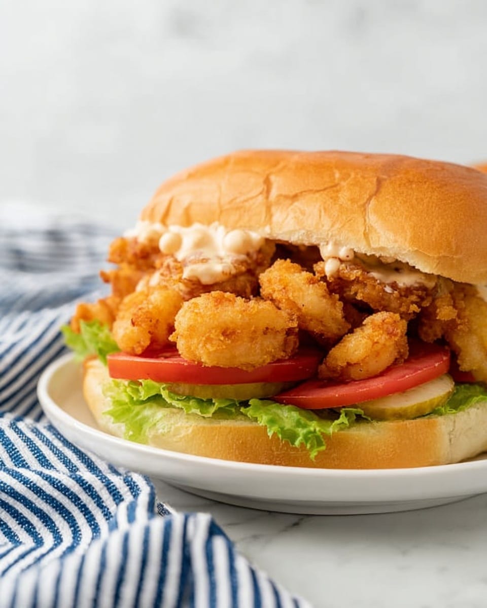 A close-up view of a sandwich on a white plate showing three main layers inside a golden brown bun: at the bottom there is a layer of green lettuce, above it two slices of bright red tomato, and on top a generous layer of crispy golden fried shrimp with a creamy sauce lightly spread over them on the inside top bun. The sandwich is placed on a white marbled surface with a blue and white striped cloth partially visible beside the plate, photo taken with an iphone --ar 4:5 --v 7